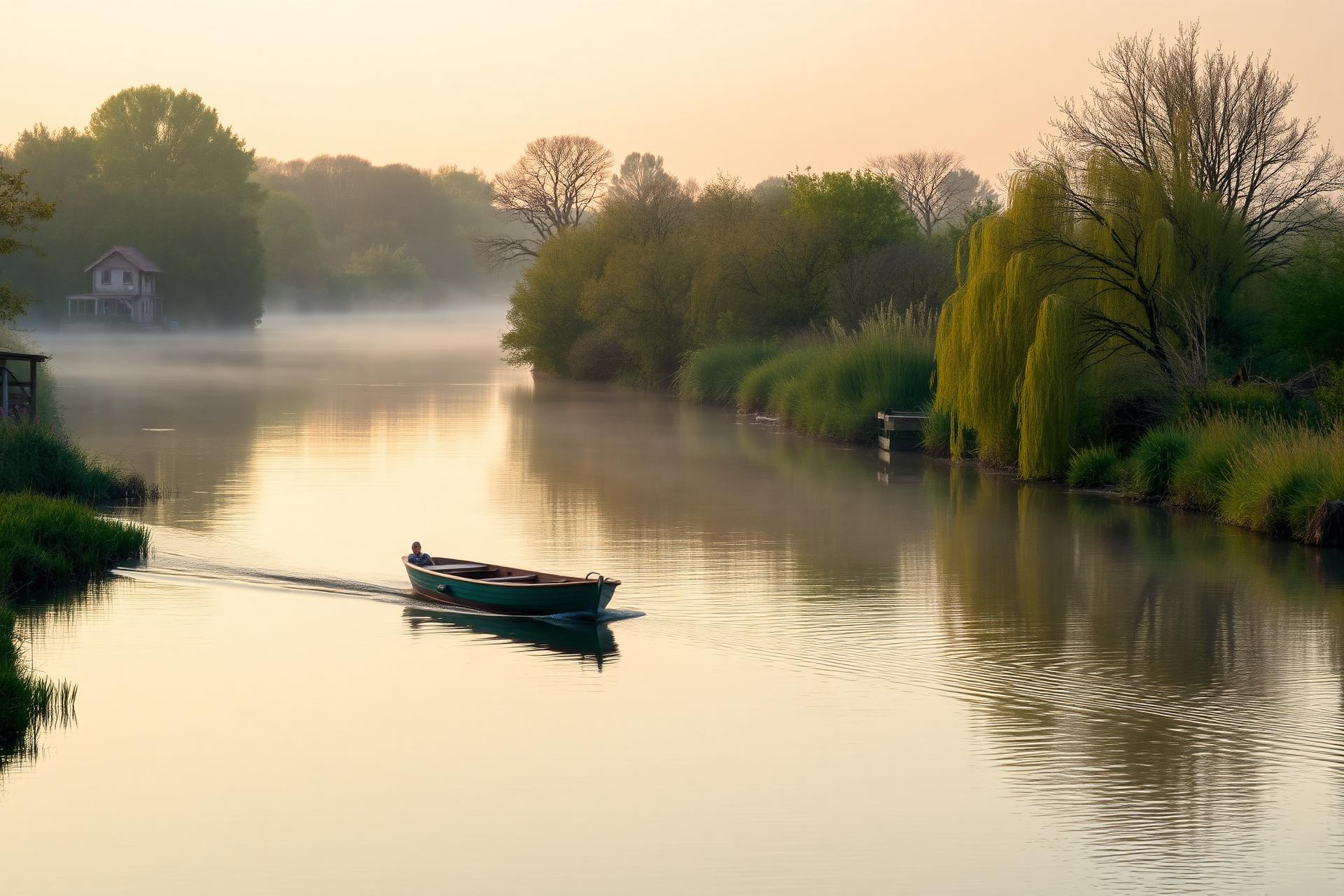 Vue paisible sur une partie sauvage de la Somme, avec une barque électrique glissant sur l'eau calme